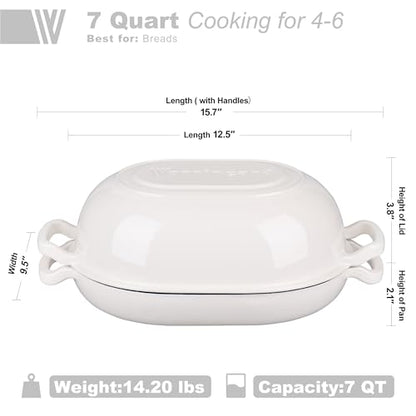 VORRINGARD Enameled Cast Iron Sourdough Bread Oven, Dutch Oven, Loaf Cast Iron Bread Pan for Homemade Bread Baking, Meatloaf Pan with Lid, 7QT, White