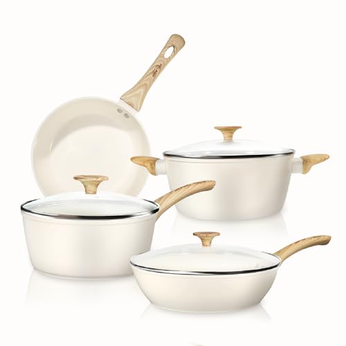 FELAMP Healthy Ceramic Nonstick Cookware Set, 7-Piece PFOA/PFOS/Toxin-Free Pots & Pans Set for Induction & All Stovetops, Dishwasher Safe with Glass Lids，Gift for New Home & Chefs