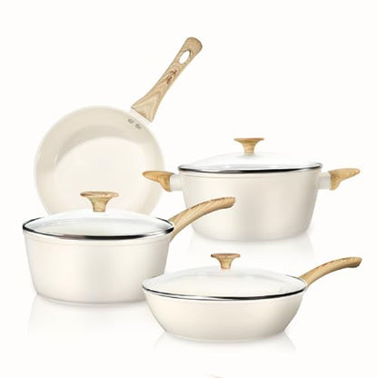 FELAMP Healthy Ceramic Nonstick Cookware Set, 7-Piece PFOA/PFOS/Toxin-Free Pots & Pans Set for Induction & All Stovetops, Dishwasher Safe with Glass Lids，Gift for New Home & Chefs