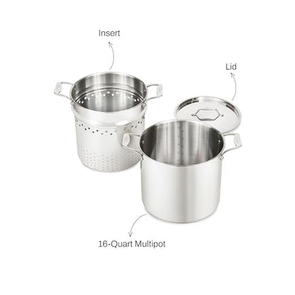 All-Clad Simply Strain Stainless Steel Stockpot, Multipot With Insert & Lid, 16 Quart Induction Oven Broiler Safe 600F, Strainer, Pasta Strainer with Handle, Steamer Pot, Pots and Pans, Silver