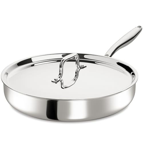 12 Inch Tri-Ply Stainless Steel Frying Pan, Frying Pan with Lid, PFOA/PTFE Free Skillet, Induction Cooking Pans, Dishwasher & Oven Broiler Safe 600F, Professional Cookware, Heavy Duty & Even Heat