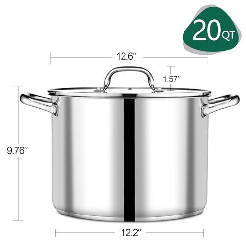 P&P CHEF 20 QT Stock Pot with Lid, Stainless Steel Large Cooking Pot, Soup Canning Stockpot for Stewing Simmering, Tri-ply Bottom for All Stoves, Heavy-Duty &Dishwasher Safe & Food-Grade