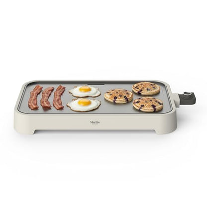 Martha Stewart 12” x 22” Electric Griddle, XL Ceramic Nonstick Flat Top Cooking Surface, Adjustable Temperature Dial, Drip Tray, Dishwasher Safe, 1500W Fast Even Heating, Pancakes & Eggs, Linen White