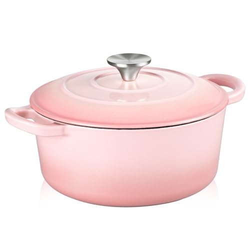 TeamFar Enameled Cast Iron Dutch Oven - 3QT Small Dutch Oven Pot with Lid - Heavy Duty Cast Iron Pot Cookware for Bread Baking, Braising, Stewing, Roasting, Pink