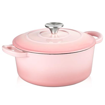 TeamFar Enameled Cast Iron Dutch Oven - 3QT Small Dutch Oven Pot with Lid - Heavy Duty Cast Iron Pot Cookware for Bread Baking, Braising, Stewing, Roasting, Pink