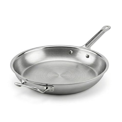 16" Stainless Steel Frying Pan, Tri-Ply Steel With Aluminum-Clad Bottom, Helper Handle, Induction Gas And Electric Compatible, Skillet Saute Pan For Omelette Pancake Egg