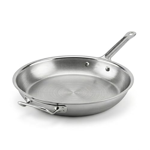 16" Stainless Steel Frying Pan, Tri-Ply Steel With Aluminum-Clad Bottom, Helper Handle, Induction Gas And Electric Compatible, Skillet Saute Pan For Omelette Pancake Egg