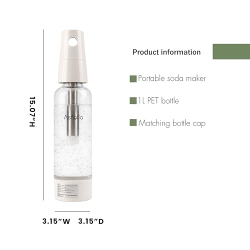 Asfolia Portable Sparkling Water Maker - Travel Soda Maker for Home & Outdoor, 1L Carbonating Bottle, 10 pcs CO2 Cylinders, Compact Carbonated Water Machine for Flavored Drinks, Soda Machine (White)