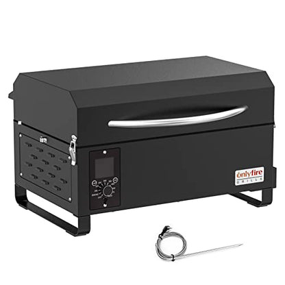 ONLYFIRE GRILLS BBQ Wood Pellet Grill Smoker with Meat Probe, 2 Tiers Cooking Area, Portable Tabletop Grilling Stove for Outdoor Kitchen Cooking Smoke and Roast, RV Camping, Black GS314