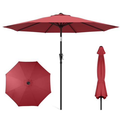 HOMSHADE 9ft Outdoor Patio Umbrella - Market Table Pool Deck Umbrella UPF50+ UV Protection with Push Button Tilt, Crank and 8 Sturdy Ribs (Red, No base)