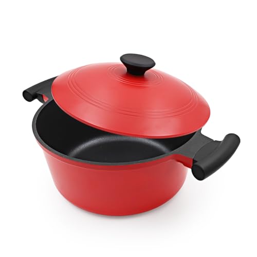 Bobikuke 3 Qt Lightweight Dutch Oven Pot with Lid, Small Aluminum Dutch Oven Nonstick, Cooking Pot for Stew Braise Simmer and Fry, Induction Pots for All Stoves, Stay-Cool Handle, PFOA Free, Red