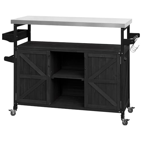 IchbinGo 43.3” Outdoor Kitchen Island with Stainless Steel Top, Solid Fir Wood Workstation with Storage Shelves Heavy Duty BBQ Grill Prep Table & Bar Cart (Black)