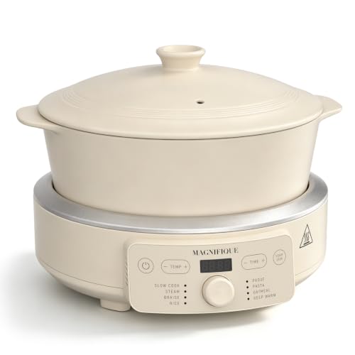 MAGNIFIQUE Slow Cooker, 4.5 Quart 8-in-1 Clay Pot Multi-Cooker, Non-Toxic Slow Cooker for Rice, Pasta, Steam & Proof, Nonstick, Oven Safe Pot to 500°F, Oatmeal