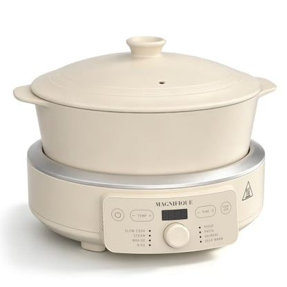 MAGNIFIQUE Slow Cooker, 4.5 Quart 8-in-1 Clay Pot Multi-Cooker, Non-Toxic Slow Cooker for Rice, Pasta, Steam & Proof, Nonstick, Oven Safe Pot to 500°F, Oatmeal