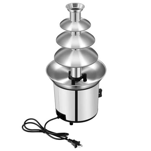 4 Tier Electric Chocolate Fondue Fountain Machine for Parties - 430 Stainless Steel Melts Cheese, Queso, Candy- Dip Strawberries, Apple and More - 60-Ounce/1.8L - 40℃/104℉ Heating Temperature
