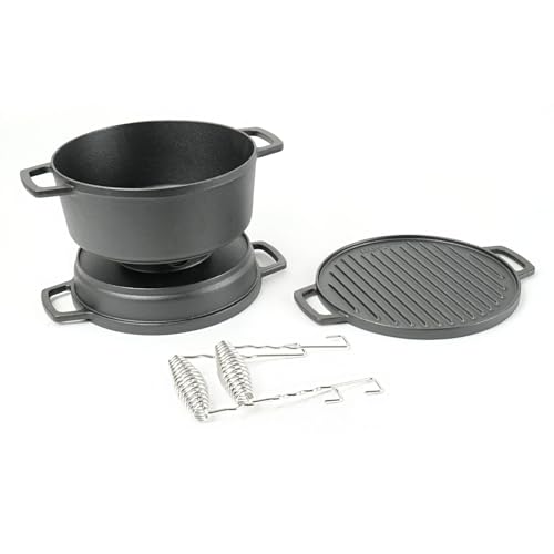 HAWOK 5 piece Stove Set, Pre-Seasoned Cast Iron Charcoal Grill Stove with 4QT Dutch Oven, with Multipurpose Lid, Five-Leg Buffet Tray, Multipurpose BBQ Stove Set