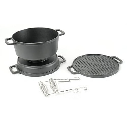 HAWOK 5 piece Stove Set, Pre-Seasoned Cast Iron Charcoal Grill Stove with 4QT Dutch Oven, with Multipurpose Lid, Five-Leg Buffet Tray, Multipurpose BBQ Stove Set