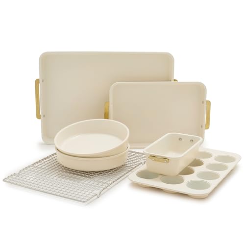 GreenPan Bakeware Set, 7 Piece Nonstick Ceramic Gold Handle Baking Sheets, Cake Pans, Loaf Pan, Muffin Tin, Cooling Rack, PFAS & BPA Free, Freezer to Oven Dish, Bake & Roast Ovenware, Cream