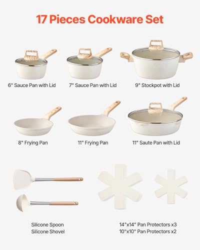 VEVOR 17 Piece Pots and Pans Set, Granite Nonstick Cookware Set, Induction Cookwares, Kitchen RV Cooking Sets with Frying, Sauce, Saute, Tempered Glass Lids, and Pan Protectors, White