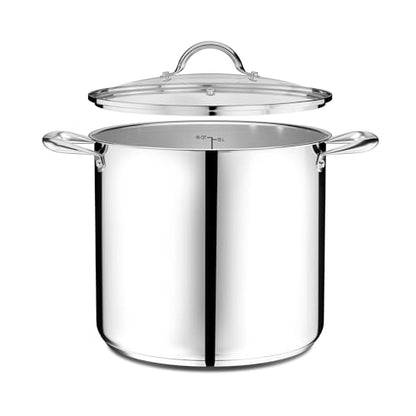 Stainless Steel Stockpot with Tempered Glass Lid 16 Quart, Durable 18/0 Stainless Steel, Impact-Bonded Base for Even Heating, Riveted Handles, Oven & All Stove Compatible, Safe Up To 500°F (260°C)