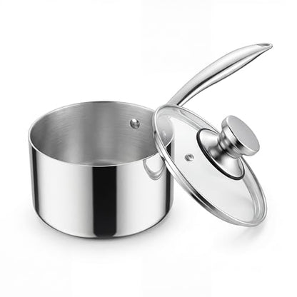 Homikit 1 Quart Saucepan, Tri-Ply Stainless Steel Sauce Pan with Lid, 1QT Small Induction Cooking Pot with Ergonomic Handle, Small Pan for Making Sauce, Warming Milk, Boiling Eggs, Dishwasher Safe