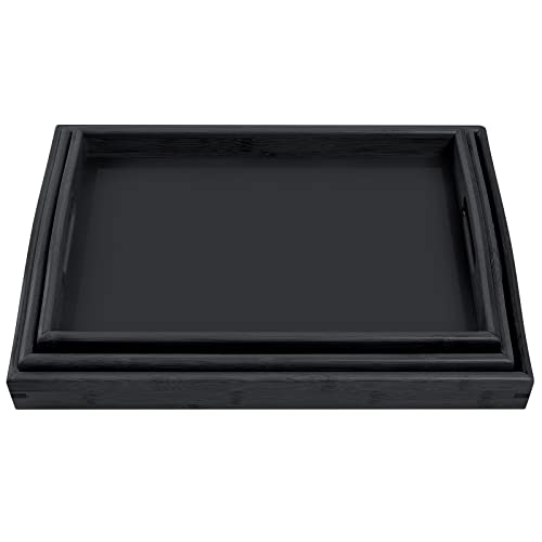 3 Pack Bamboo Serving Trays with Handles, Rectangular Kitchen Food Tray for Eating, Dinner Trays for Eating on Couch, Wood Serving Platter for Breakfast, Tea, Bar, Restaurant, Party or Bed (Black)