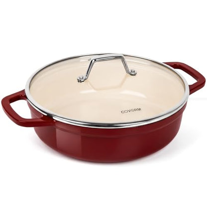 Lightweight Enameled Cast Iron Braiser - 4.5QT Braiser Pan with Glass Lid, Shallow Dutch Oven for Braising, Simmering