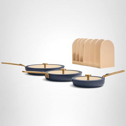Our Place 17-Piece Essentials Complete Cookware Set - Ceramic Fry Pans, Saucepans, Sauté Pan, Stock Pot, Strainer Basket & Modular Storage | Thermakind™ Nonstick, Oven Safe up to 450°F | Blue Salt