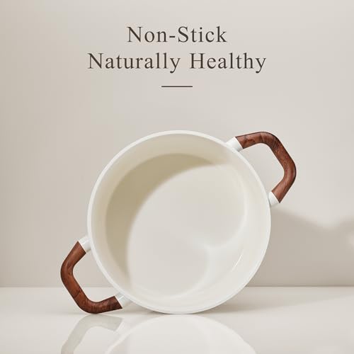 CAROTE 5QT Nonstick Stock Pot with Lid, 5 Quart Casserole with Ladle, Even Heating Stockpot, Fits All Stoves, Non Stick Big Cooking Pots PFOA Free, White