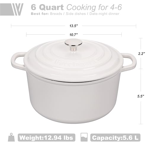 VORRINGARD Enameled Cast Iron Dutch Oven Pot with Lid, for Sourdough Bread Baking, Round Dutch Ovens, 6 Quart, White