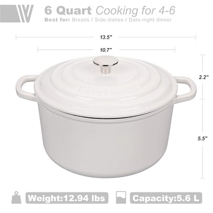 VORRINGARD Enameled Cast Iron Dutch Oven Pot with Lid, for Sourdough Bread Baking, Round Dutch Ovens, 6 Quart, White