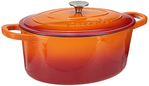 Crock Pot Artisan 7-Quart Oval Enameled Cast Iron Dutch Oven – Sunset Orange, Durable Heavy-Duty Cookware for Slow Cooking, Roasting, Baking with Lid