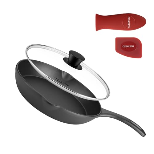 CUISGUSTO 6 Inch Cast Iron Skillet with Tempered Glass Lid, Pre-Seasoned for Even Heating, Silicone Handle Cover & Pan Scraper, Perfect for Single Meals & Side Dishes