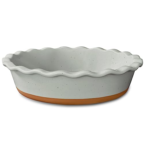 Mora Deep Fluted Ceramic Pie Dish for Apple Pie, Quiche, Tart - 9 inch - Modern Farmhouse Style Porcelain - Earl Grey