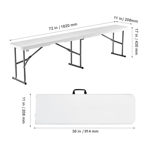 VEVOR Plastic Folding Bench, 6ft Portable Folding Bench, Smooth High Density Polyethylene Waterproof Outdoor Bench, Picnic Camping Table with Handle for Garden Soccer Playtime, White (2 Pack)