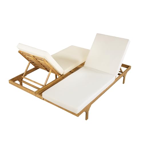 Christopher Knight Home Acacia Wood Chaise Lounge Chair Set of 2, Double/Single Outdoor Sunbathing Pool Lounger with 4'' Cushion, Patio Wooden Adjustable Backrest Lounge Sofa, Teak+Cream