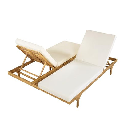 Christopher Knight Home Acacia Wood Chaise Lounge Chair Set of 2, Double/Single Outdoor Sunbathing Pool Lounger with 4'' Cushion, Patio Wooden Adjustable Backrest Lounge Sofa, Teak+Cream