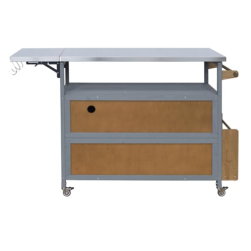 Christopher Knight Home Edsel Outdoor Bar Cart with Stainless Steel Top and Lockable Wheels, Solid Wood Outdoor Storage Cabinet, Kitchen Island Serving Cart for Poolside, Walnut Brown+Blue Gray