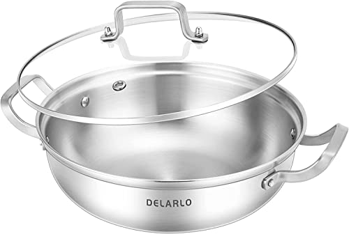 Delarlo Tri-Ply Stainless Steel 13 inch Everyday Pan with Glass Lid, Deep Saute Pan, High Side Kitchen Cooking Pot, Chef's Pans, Induction Deep Frying Pan, 5QT Stock Pot, Up to 550℉