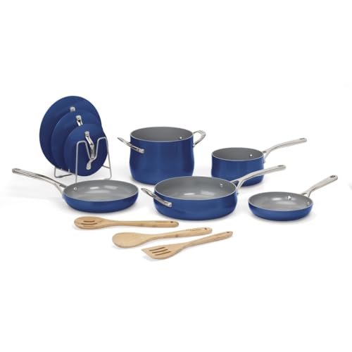 Cuisinart Ceramic Cookware Set, Nonstick 12-Piece Pots and Pans Set for Even Heat Cooking, Dishwasher Safe, Stainless Steel Handles & Easy Cleanup, Sapphire, 34C-12SP