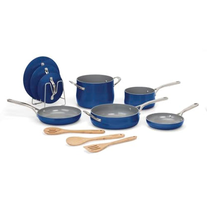 Cuisinart Ceramic Cookware Set, Nonstick 12-Piece Pots and Pans Set for Even Heat Cooking, Dishwasher Safe, Stainless Steel Handles & Easy Cleanup, Sapphire, 34C-12SP