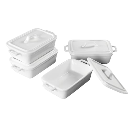 jinsongdafa Ceramic Mini Rectangular Cocotte Set, 2.37 Ounces Small Casserole Dishes with Lids and Handles Set of 4, Individual Baking Ramekins, Oven, Microwave & Dishwasher Safe (White, 6.1 Inch)