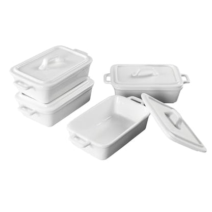 jinsongdafa Ceramic Mini Rectangular Cocotte Set, 2.37 Ounces Small Casserole Dishes with Lids and Handles Set of 4, Individual Baking Ramekins, Oven, Microwave & Dishwasher Safe (White, 6.1 Inch)