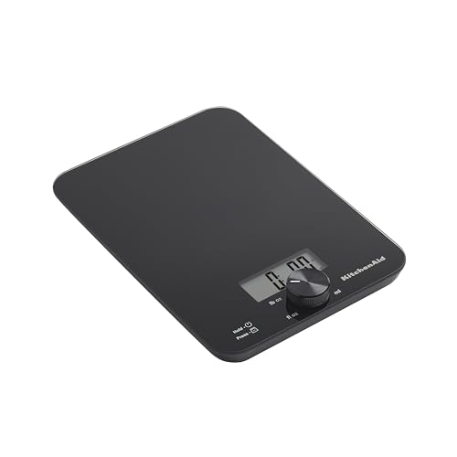 KitchenAid KQ914BA Digital Glass Top Kitchen and Food Scale, 11 lb Capacity, Measures Liquid & Dry Ingredients, Rotating Knob, Precise Results for Baking, Cooking, Keto and Meal Prep, Tare, Black