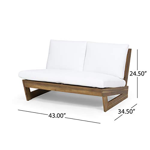 Great Deal Furniture Kaitlyn Outdoor Acacia Wood Loveseat with Cushions, Teak and White