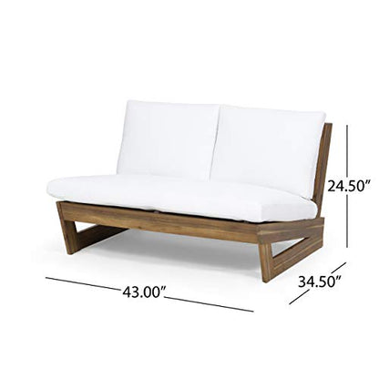 Great Deal Furniture Kaitlyn Outdoor Acacia Wood Loveseat with Cushions, Teak and White