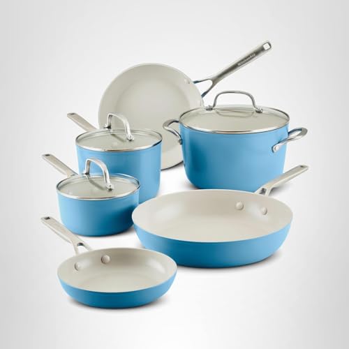 KitchenAid Hard Anodized Ceramic Nonstick Cookware Pots and Pans Set, 9 Piece - Blue Velvet
