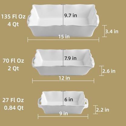 Sweejar Casserole Dishes for Oven, Ceramic Bakeware Set of 3, Rectangular Baking dish with Handles, Wave Edge Lasagna Pan Deep for Cooking, Cake, Dinner, Banquet and Daily Use (Turquoise)