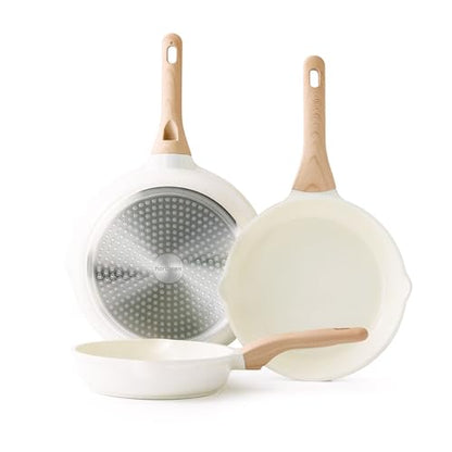 Kordisen Nonstick Ceramic Frying Pan Set, 3 Piece Ceramic Skillet Set, Healthy Non Toxic Cooking Pan, Stay-Cool Handle, Induction Compatible, PFOA & PFAS Free, White