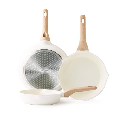 Kordisen Nonstick Ceramic Frying Pan Set, 3 Piece Ceramic Skillet Set, Healthy Non Toxic Cooking Pan, Stay-Cool Handle, Induction Compatible, PFOA & PFAS Free, White